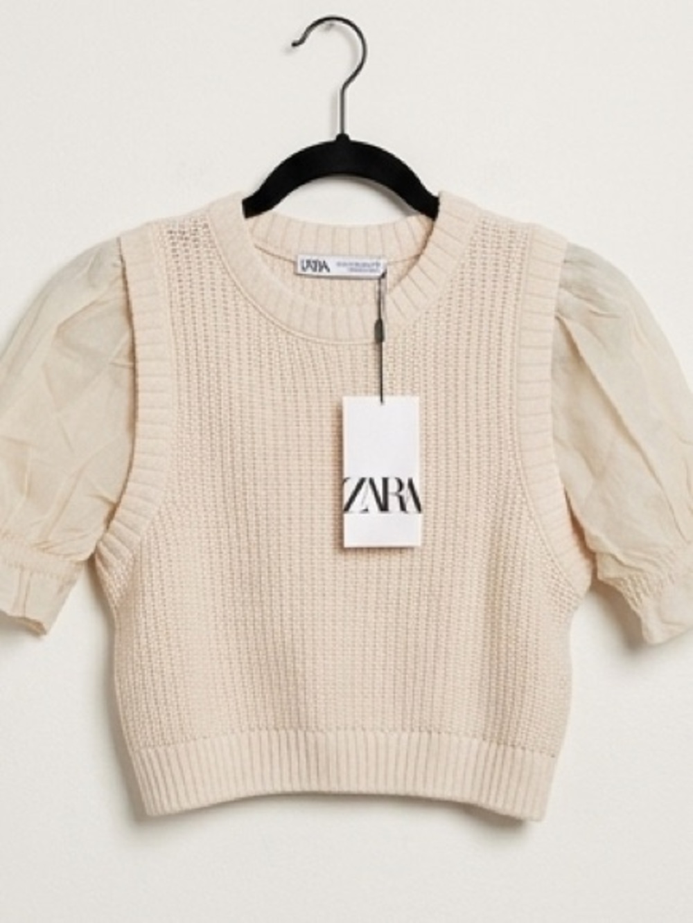 Zara Beige Knit Crop Top with Linen Sleeves